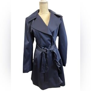 Tahari Blue Satin Trench Coat Double Breasted Ruffle Belt Size Large